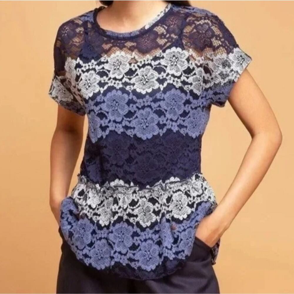 Anthropologie Eva Franco Blue and White Lace Top.  Size L